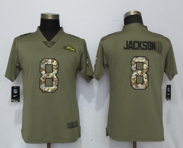 Women Baltimore Ravens #8 Jackson Olive Camo Carson Nike Salute to Service Player NFL Jerseys